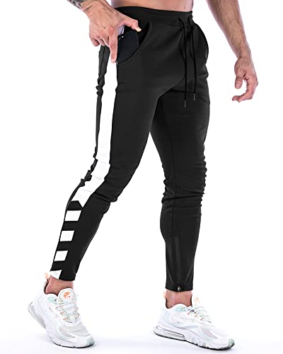 MakingDa Tracksuit Bottoms Men Slim Fit Tapered Joggers Gym Pants Skinny Sweatpants Running Training Sports Trousers with Ankle Zippers-3-Black-S