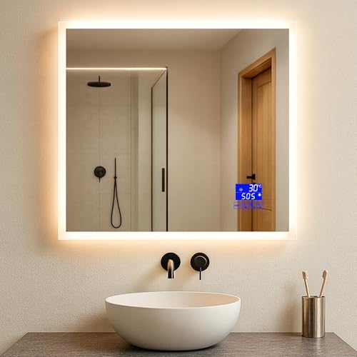 LARDECOR - Espejo con Bluetooth y Luz LED Tipo 1 Regulable 3000K/4000K/6000K【80 x 80 cm】 Función Antivaho y Memoria, Modelo de Pared con Interruptor Táctil, Instalación Fácil