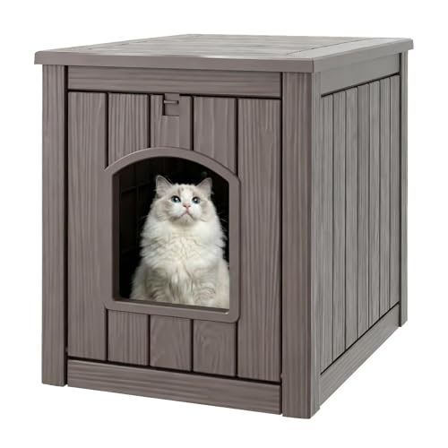 Image of Cat Litter Box Enclosure, Plastic Hidden Litter Box Side Table with Openable Front Door, Cat Box Enclosure Cabinet for Indoor & Outdoor Use, Weatherproof, Easy to Clean & Assemble, Grey