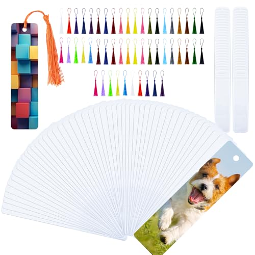 ZhouBoat 50 Sets Sublimation Blank Bookmarks DIY Blank Aluminum Metal Bookmarks with Clear Bookmark Sleeves Tassels and Self-Sealing Bags for Crafts Birthday Reading Back to School Supplies