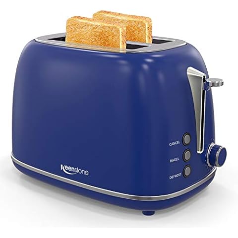 Toaster 2 Slice Keenstone Retro Stainless Steel Toaster with Bagel, Cancel, Defrost Function, Extra Wide Slot Toaster with High Lift Lever, 6 Shade Settings, Removal Crumb Tray, Dark Blue Cover