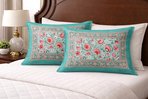 Image of ElanorHomes 180 TC Pure Cotton Pillow Covers Set of 2, Bedroom Pillows with Zip Closure, Soft Smooth Cool Breathable Pillowcases for Home (Turquoise Glow)