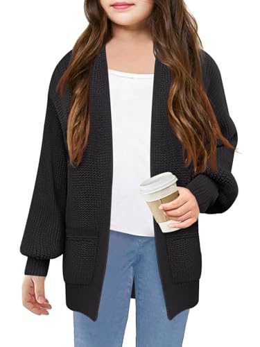 Girls Cardigan Long Sleeve Cardigans Oversized Open Front Lantern Sleeve Knit Sweater with Pockets for Kids