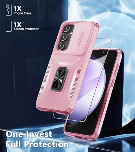 for Samsung Galaxy S25 Plus Case, S24 Plus Case with Screen Protector and Slide Camera Cover,Rotated Ring Kickstand,Military Grade Heavy Duty Shockproof Protective Phone Case-Pink