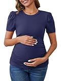 MARI GABRIEL Women Maternity Blouse Business Office Short Sleeve Side Ruched Ribbed Knit Puff Tops Pregnancy Shirts Work Medium Navy