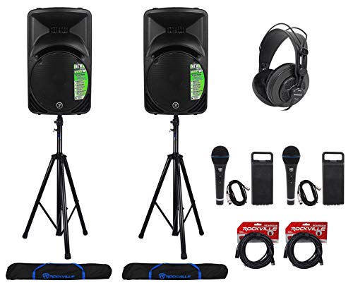 (2) New Mackie SRM450-V3 12" Powered Speakers+Hydraulic Stands+Headphones+Mics