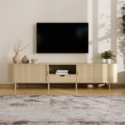 Image of DHH 95.2 inch Fluted TV Stand with Power Outlet for TVs up to 100 inch, TV Console with Adjustable Shelves and Sliding Door,Mid Century Modern Entertainment Center for Living Room,Bedroom (Natural Wood)