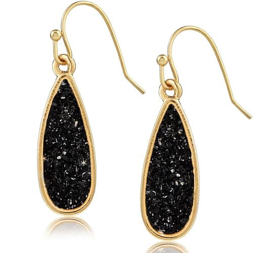 Teardrop Dangle Earrings for Women with Simulated Druzy Stones, in Gold, Rose Gold, or Silver Tone