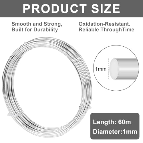 304 Edelstahldraht Basteldraht,1MMX60M Silber Aludraht Stahldraht Modellierdraht Rostfrei Edelstahl für DIY-Bastelarbeiten Modellbau, Schmuck, Gartenverkabelung