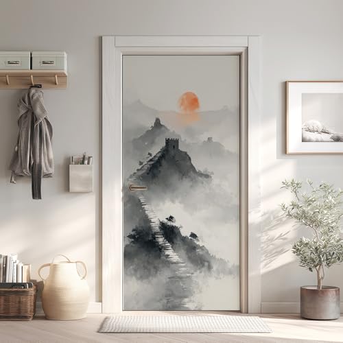 Montagne Encre Poster de Porte 3D Trompe L'oeil 73x205 cm, Chinois Auto-Adhésif Sticker Porte pour Chambre Cuisine, Nature Stickers Autocollants de Porte
