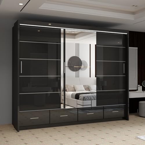 MN Furniture Sycylia High Gloss Sliding Door Wardrobe with Mirror, LED Light & Bottom Drawers | Available in 150cm, 208cm, 255cm - Image 3
