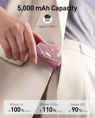 Image of iWALK Upgraded Sparkly Portable Charger 22.5W, 5000mAh Power Bank for iPhone 17 /16 /15 Series, Mini Battery Pack with Built-in USB-C Connector Compatible with Samsung S25 /24, iPad Pro /Air, Pink