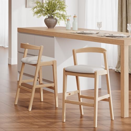 Butacos Altura Barra Modernos, Juego de 2, Estructura de Madera de Caucho Natural, Asiento Tapizado en Poliéster Beige, Apoyo Lumbar Ergonómico y Reposapiés, para Cocina e Isla miniatura 4