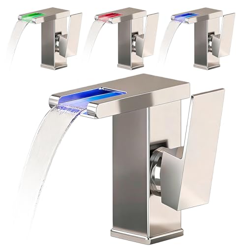 Robinet de salle de bain avec lumières LED, noir, robinet cascade, 3 couleurs, robinet d'eau chaude et froide, mitigeur moderne à levier unique pour salle de...