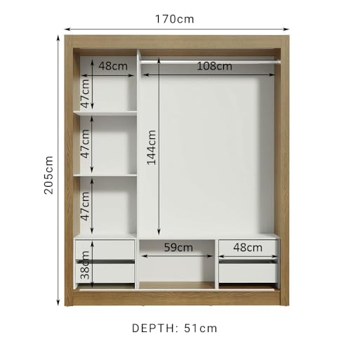 Image of Madesa 3 Sliding Doors Wardrobe Ample Storage Wooden Almirah 170 Cm with Shelves, Drawers and Hanging Units for Bedroom - Brown