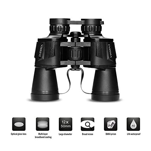 VISSSVI 12x50 High Power Binoculars for Adults, Compact HD Durable Full-Size Binoculars Telescope for Bird Watching Travel Hunting Sports Football-BAK4 Prism FMC Lens(with Case and Strap)