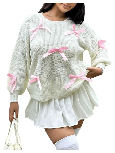 MakeMeChic Women's Plus Size Bow Sweater Crochet Crew Neck Lightweight Sweater Long Sleeve Cute Pullover Top