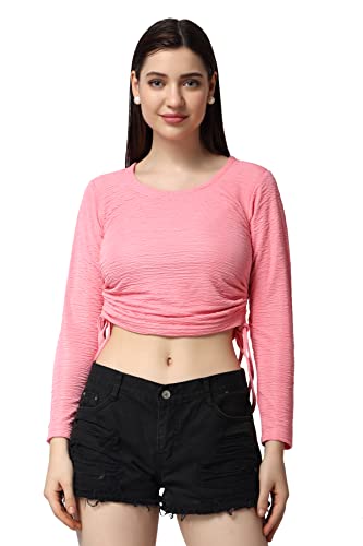 Image of POPWINGS Casual Self Design Regular Fit Polyester Full Sleeves Crop Tops for Women with Crush String