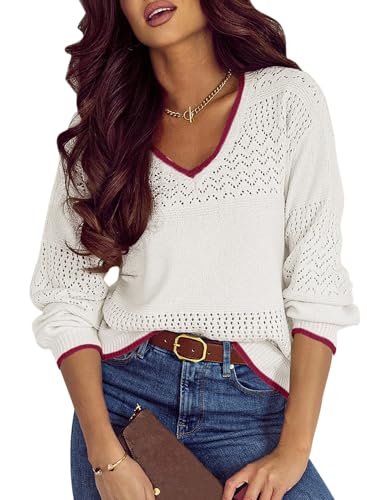 Image of SHEWIN Women's Sweaters Casual Long Sleeve V Neck Crewneck Lightweight Crochet Pullover Sweater Tops
