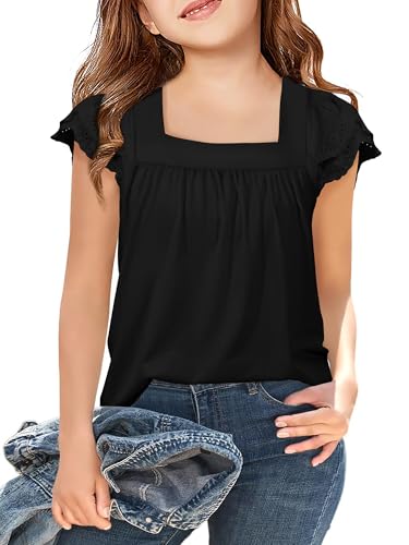 Image of Arshiner Girls Shirts Short Sleeve Square Neck Summer Lace Openwork Pleated Tops Blouse Tunic