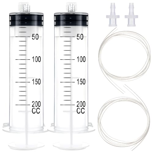 Image of 200ml Luer Lock Syringe with 39 Inch Plastic Tube and Luer Connections | 2 Pcs 39 inch Long Tubing and Luer Connections Tips for Measuring or Refilling Liquid, Ink, Oil, Feeding Pets, Watering Plant