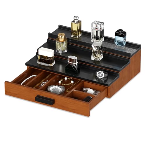 GarveeHome Wooden Cologne Organizer for Men, 3 Tier of Elevated Cologne Display Shelf with Drawer Storage Perfume Organization and Storage Display Risers for Watch, Jewelry, Great Gift for Father