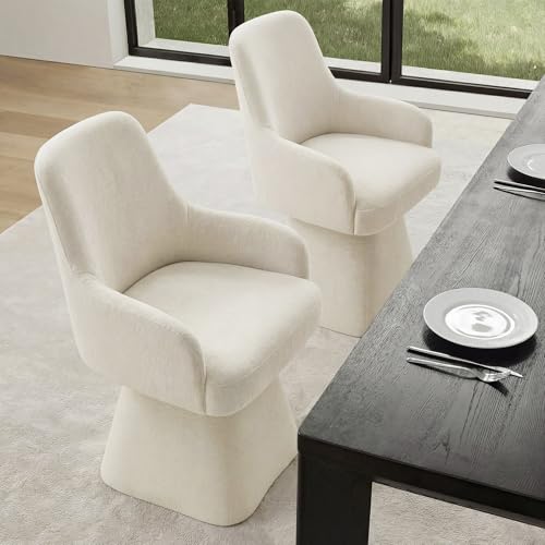 Image of KISLOT Swivel Dining Chairs Set of 2, Mid Century Modern Chairs Fabric Upholstered Armchair with Armrest & Ergonomic Backrest for Dining Room, Kitchen, Bedroom, Living Room, Linen, 2 Boxs