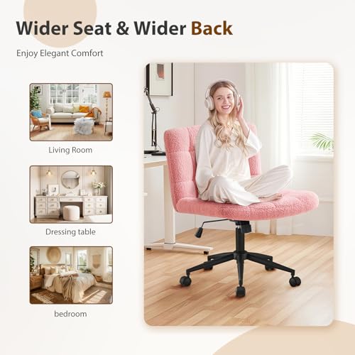 Furnimart Swivel Criss Cross Legged Chair with Wheels for Home Office, Wide Armless Desk Chair Height Adjustable Comfy Seat for Desk,Vanity, Bedroom, Faux Fur Pink - Image 4