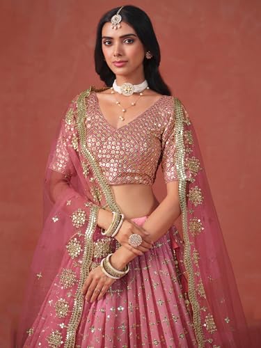 Image of Zeel Clothing Women Georgette Semi stitched Sequins Zari Embroidered Lehenga Choli With Dupatta (7086-Latest, Free size)
