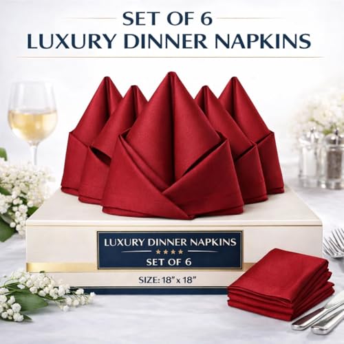Image of Luxury Dinner Napkins Set of 6-100% Heavy Cotton 400 Thread Count Cloth Napkins 18x18 Inch - Soft & Reusable Premium Table Napkins for Restaurant, Hotel & Home Dining - Burgundy