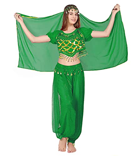 Carnavalife 3Pcs Mujeres Danza del Vientre, Ropa India Lentejuelas para Disfraz de Princesa, Conjunto de Bailando Top Pantalones de Linterna y Cadena de la Cabeza Barbijo (Verde)