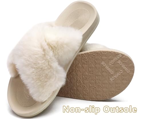 Image of COFACE Womens Fuzzy Slides Fluff Faux Fur Cross Slippers Open Toe Yoga Mat House Slipper Sandals With Arch Support For Indoor /Outdoor