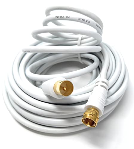 DRUT 10m RF TV Aerial Male to F Type Connector Male Plug Coaxial Coax Cable, Lead, 75 Ohm, 3C-2V 33ft White Gold Connectors