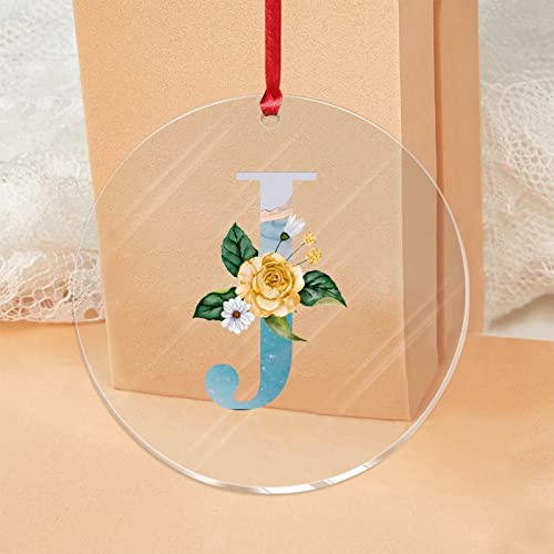 Blue Monogram Initial Letter J Christmas Ornaments Greenery Shrubs Plants Round Christmas Tree Ornament Keepsake Beautiful Floral Yellow Acrylic Christmas Bauble For Christmas Tree Decorations #TOP1