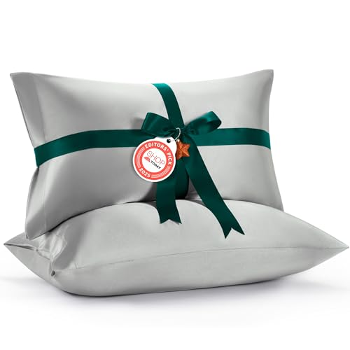 Bedsure Satin Pillowcase, Similar to Silk Pillow Cases Queen Size Set of 2, Cooling Pillow Case Covers with Envelope Closure, Christmas Room Decor Gifts for Women Men, Silver Grey, 20x30 Inches, 2pcs