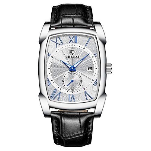 Allskid Hommes Montres Noir Cuir PU Bracelet de Montre Rectangulaire Cadran avec Indépendant Petite Seconde Quartz Affaires Montres-Bracelets (45 * 36mm, Blanc)