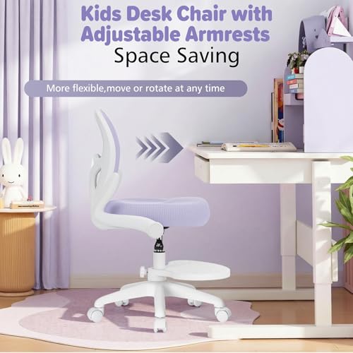 Image of HOFFREE Kids Desk Chair Ergonomic Study Chair with Flipped Armrest and Footrest Adjustable Height Swivel Kids Computer Chair Mesh Desk Chair for Boys Girls Children at Home Bedroom Study Room Purple
