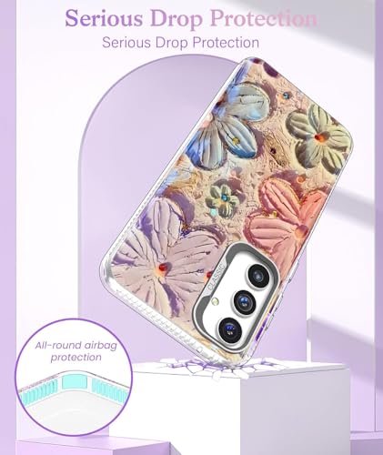 Image of Elzzi Compatible with Samsung S25 Ultra 5G Case Laser Flower Oil Painting Cute Colorful Blue Ray Bumper with Full Camera Protection Shockproof PC+TPU Glossy Shiny Cover for Girls Women,Pink