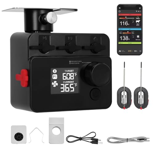 Bluetooth BBQ Temperature Controller Smart PID Automatic Smoker Fan Kit with 3 Probes Digital Smoker Thermometer for Big Green Egg Kamado Joe Weber Primo Vision Grill (External Power Needed)