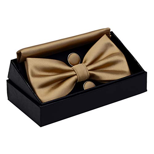 Image of GUSLESON Men's 3-pc Solid Color Bow Tie Gift Set - Double‑Fold Pre-Tied Bow Tie, Pocket Square, Cufflinks - Wedding Formal Party