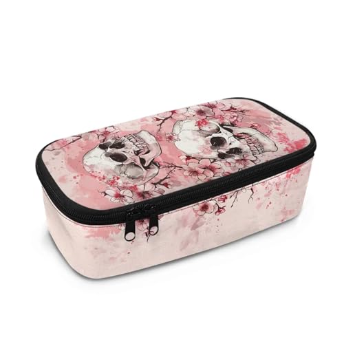 Image of TOADDMOS Skull Pencil Case Pink Cherry Blossom Storage Pencil Pen Case Bag Multi-Functional Storage Bag Fashion Maker Pencil Pouch for Women Girls