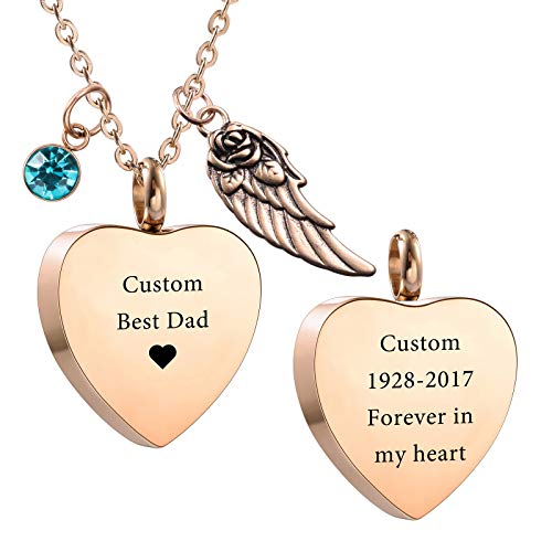 VIBOOS Personalized Urn Pendant Angel Wing Heart Necklace Custom Engraving Photo Text for Men Women Dog Cat Pet Stainless Steel Ashes Cremation Memorial Keepsake Funnel Kit Birthstone