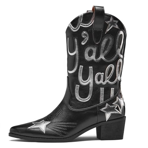Image of Metallic Cowboy boots for Women Embroidered Mid Calf Womens Cowgirl Boots Western Pointed Toe Chunky Heel