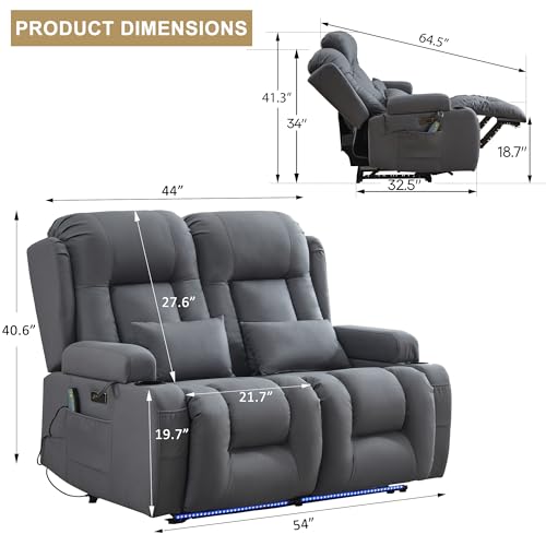 Image of URRED Loveseat Recliner Sofa with Massage and Heat, Power Reclining Loveseat Sofa RV Couch Home Theater Seating with LED Lights, Cup Holders, Side Pockets, USB, Pillows, Leathaire Blue