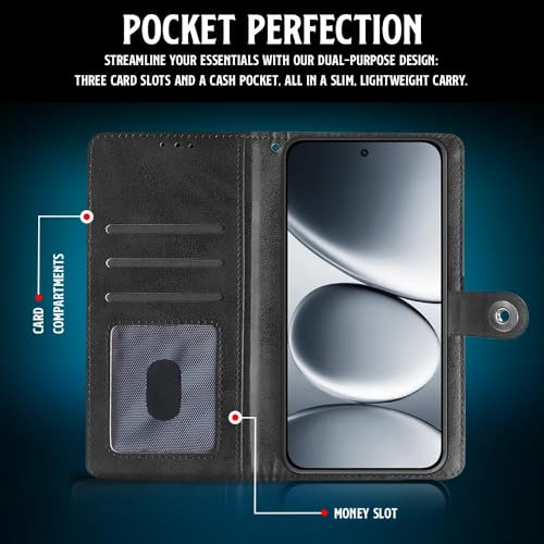 Image of WOW IMAGINE Shock Proof Flip Cover Back Case for Redmi Note 15 Pro 5G (Magnetic Button Flip Case | Wallet Pockets & Stand | Leather Finish | Haze Black)