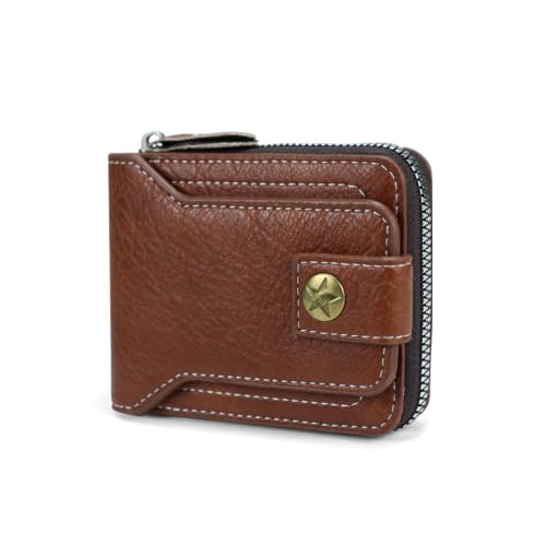 Image of Men Wallet, Vintage PU Leather Multi-Card Zipper Wallet with 8 Card Slots and Coin Pocket Large Capacity Buckle Credit Card Holder Wallet with Zipper (C, Dark Brown)