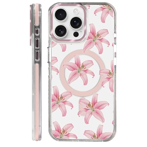 Coque iPhone 15 Pro Max antichoc transparente motif lys avec aimant Magsafe rigide pour femme