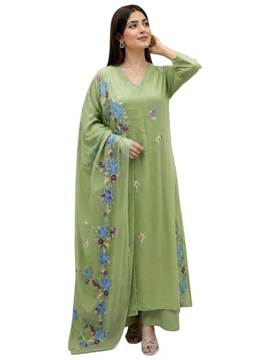Viscose Blend Embroidered Straight Kurta with Palazzo and Dupatta for Women | Viscose Blend Pista | 3/4 Sleeve | V-Neck | Ethnic Wear Casual Wear-image-48