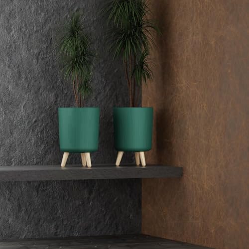 Image of LEAWALL Modern White Flower Pot with Stand | Large Indoor Outdoor Planter for Home Garden Balcony Living Room | Italian Ribbed Design Tall Decorative Plastic Plant Pots with Legs (Green, 2)