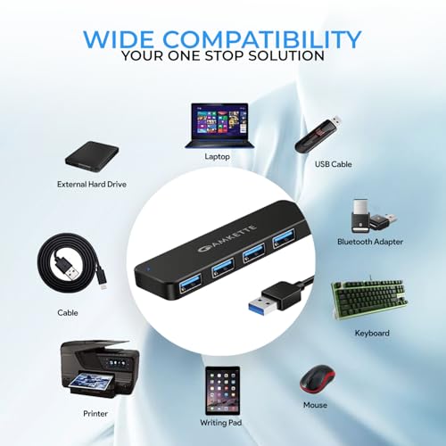 Image of Amkette 4 Port Superspeed USB Hub 3.0 for PC /Laptops, Portable Data Hub with Hi-Speed Data Transfer Up to 5 GBPS, Charging Function| Strong and Durable, Power Supply Port and 80 cm Long Cable (Black)